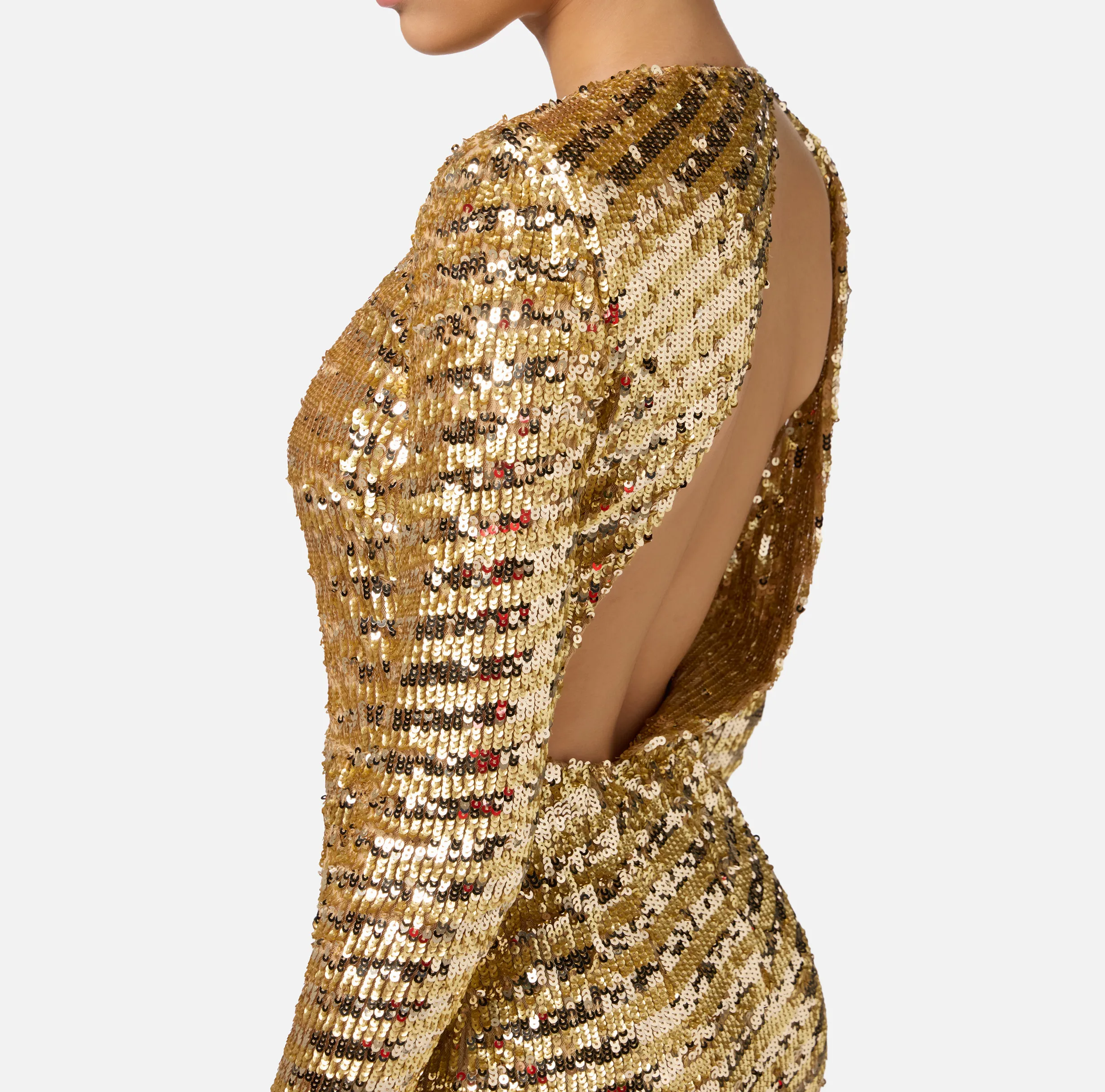 Abito red carpet in tulle stretch ricamato con paillettes fireworks