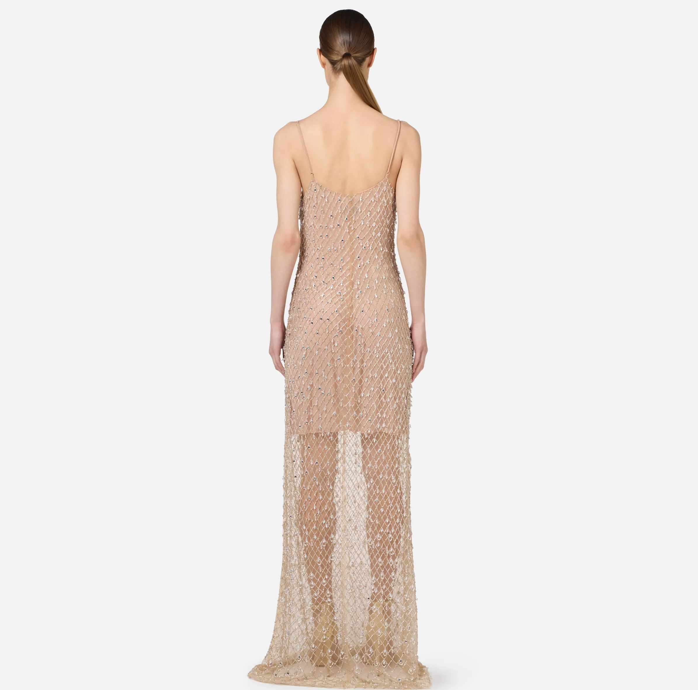 Abito red carpet in tulle ricamato con paillettes disegno losanga