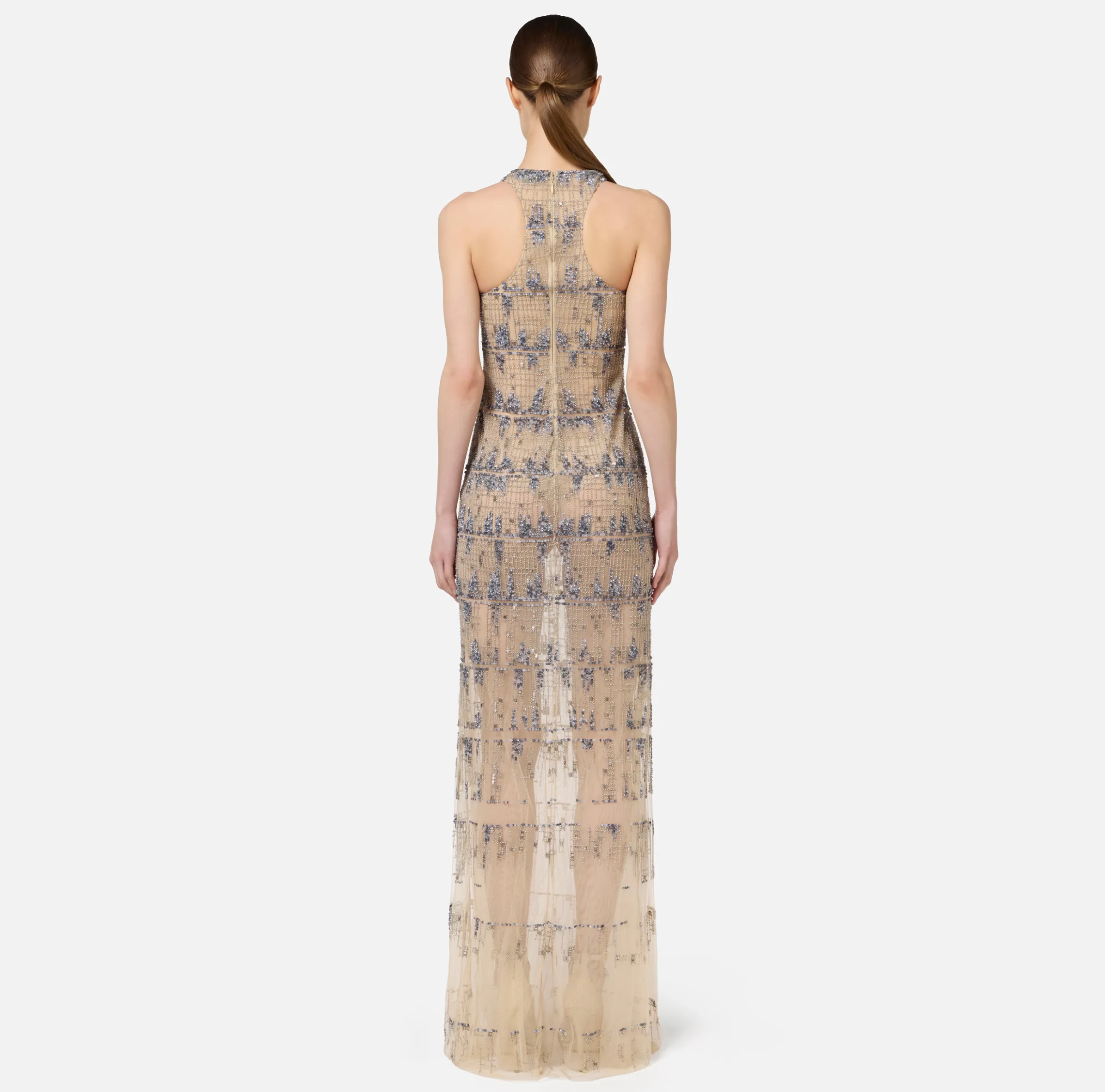 Abito red carpet in tulle ricamato con paillettes pixel
