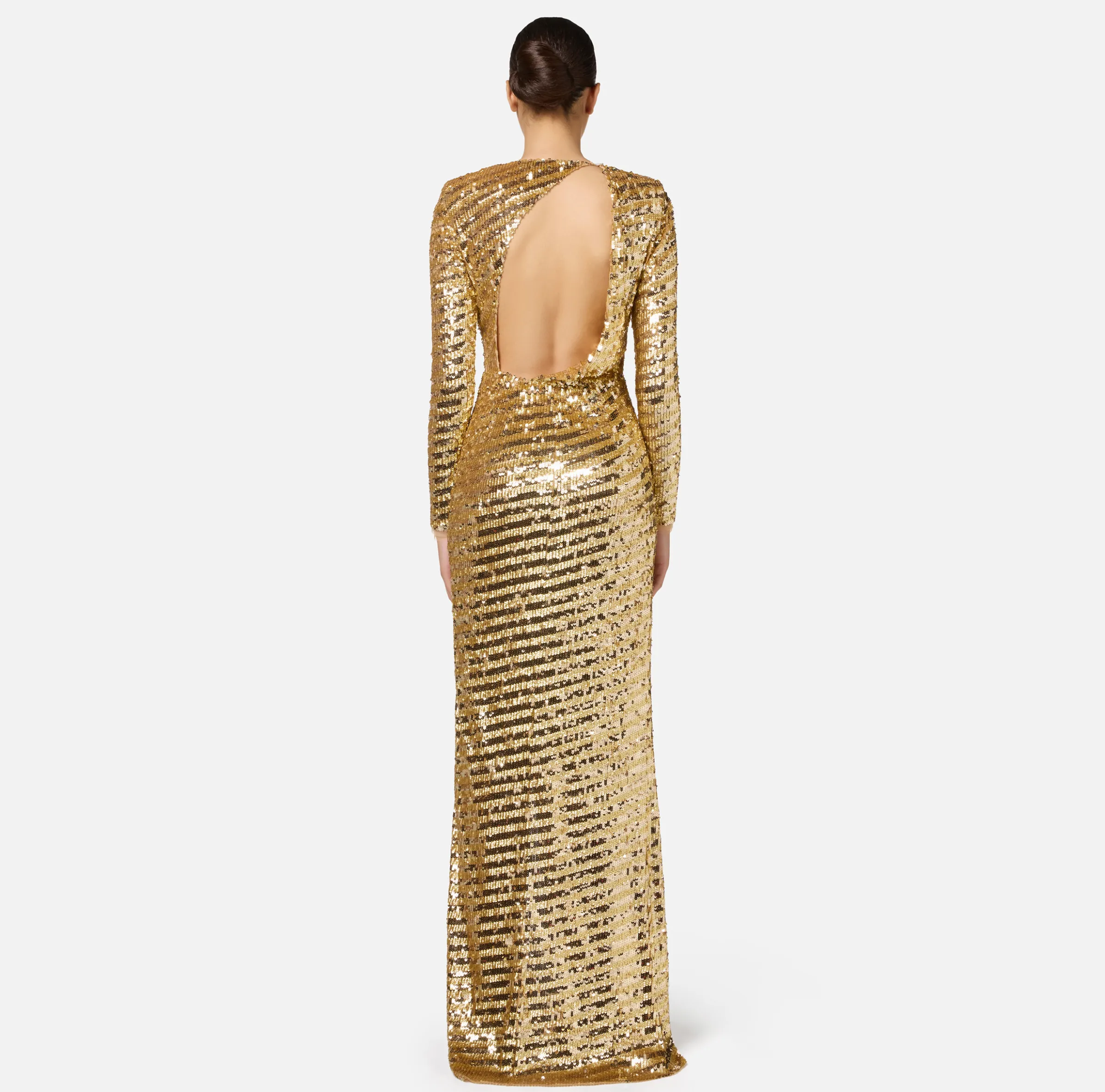 Abito red carpet in tulle ricamato con paillettes con cut-out