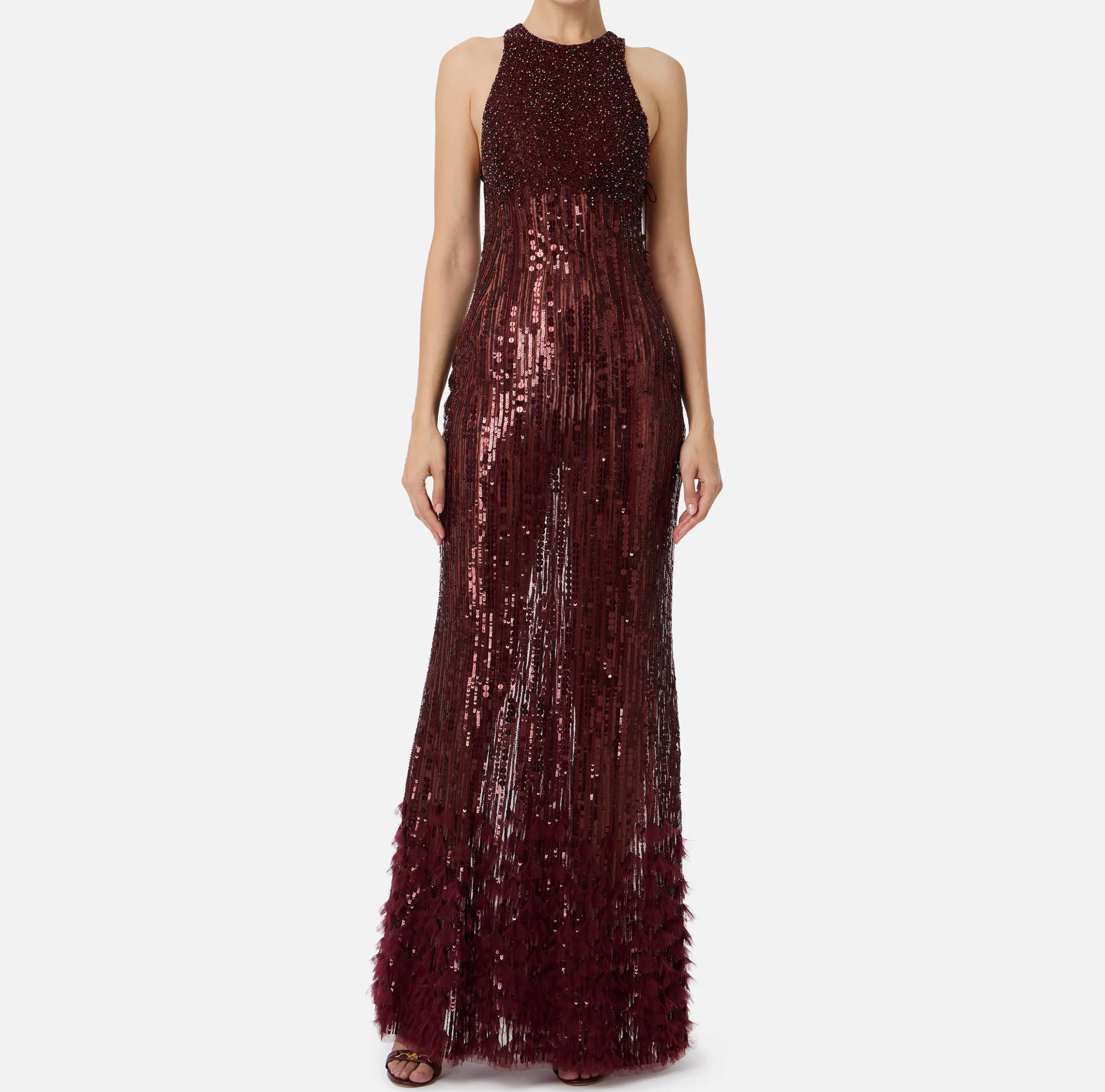 Abito red carpet ricamato con frange d'organza