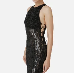 Abito red carpet ricamato con frange d'organza