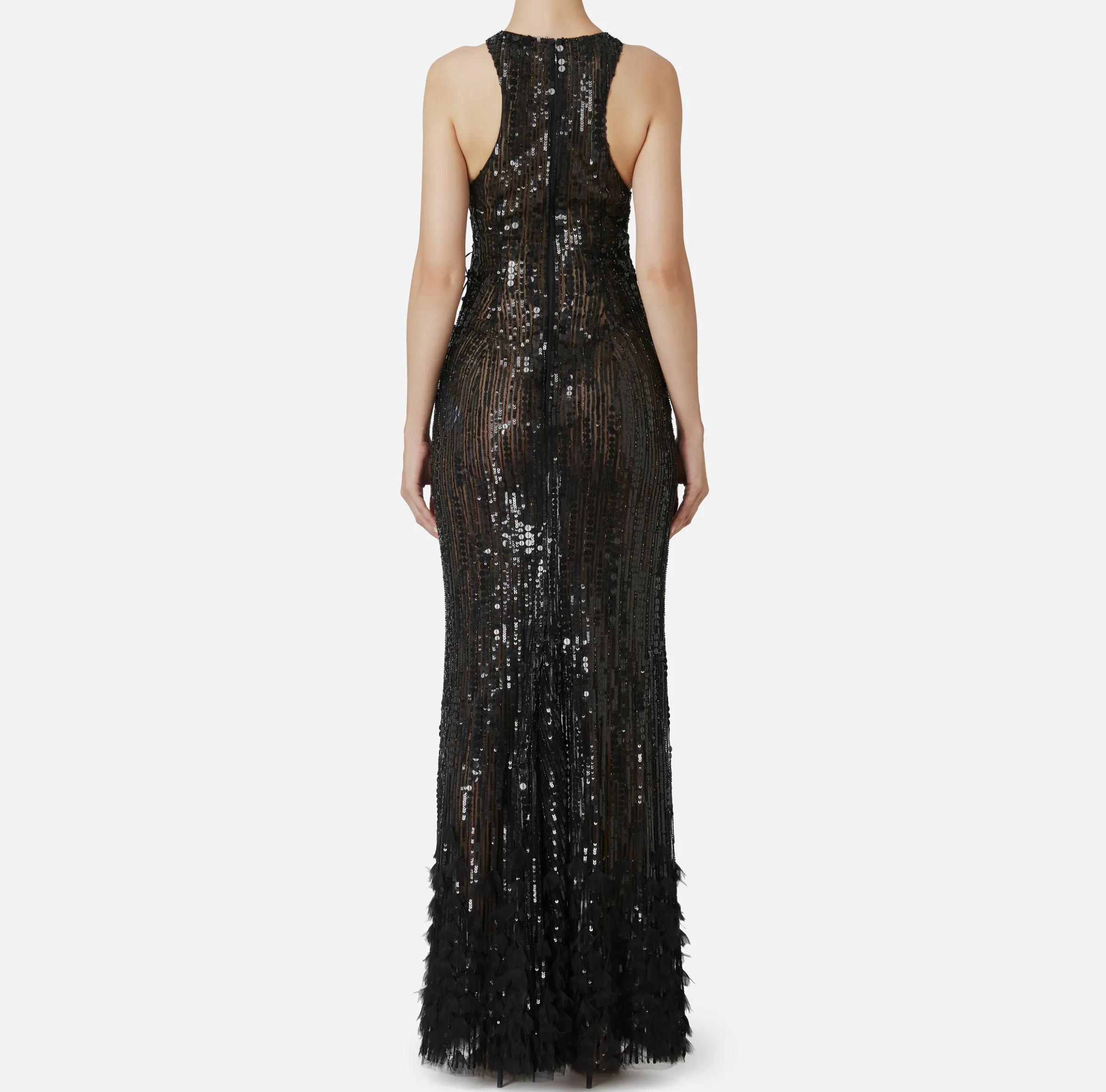 Abito red carpet ricamato con frange d'organza