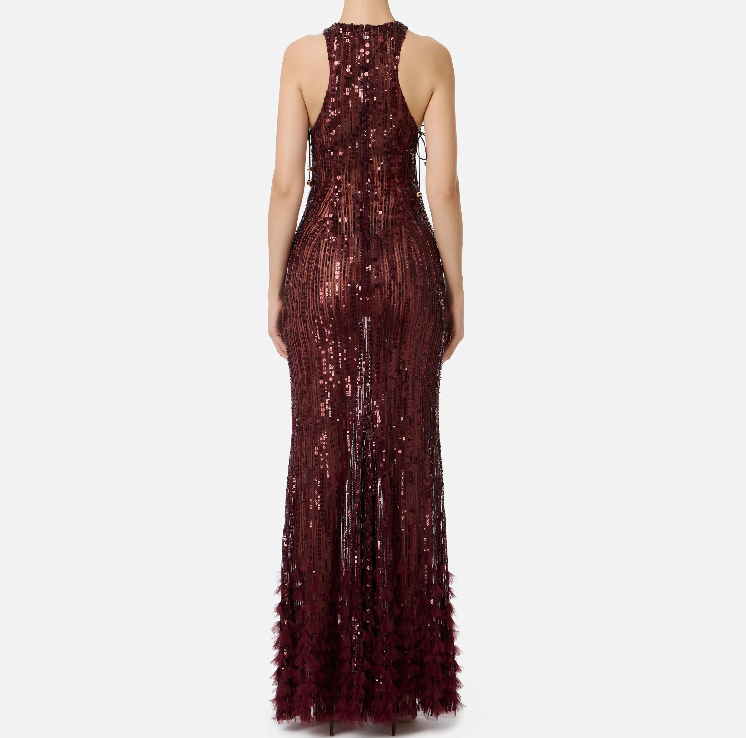 Abito red carpet ricamato con frange d'organza