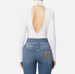 Body in jersey con drappeggio e placca logo