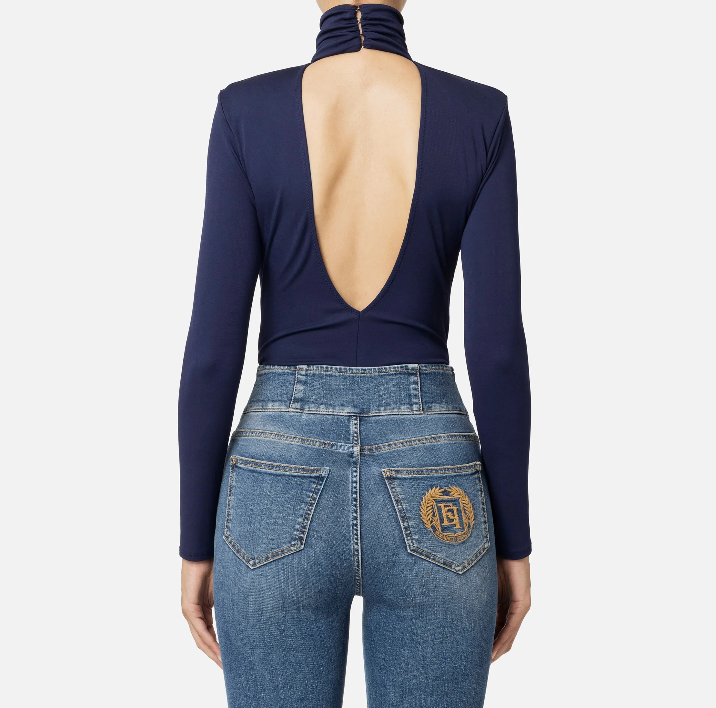 Body in jersey con drappeggio e placca logo