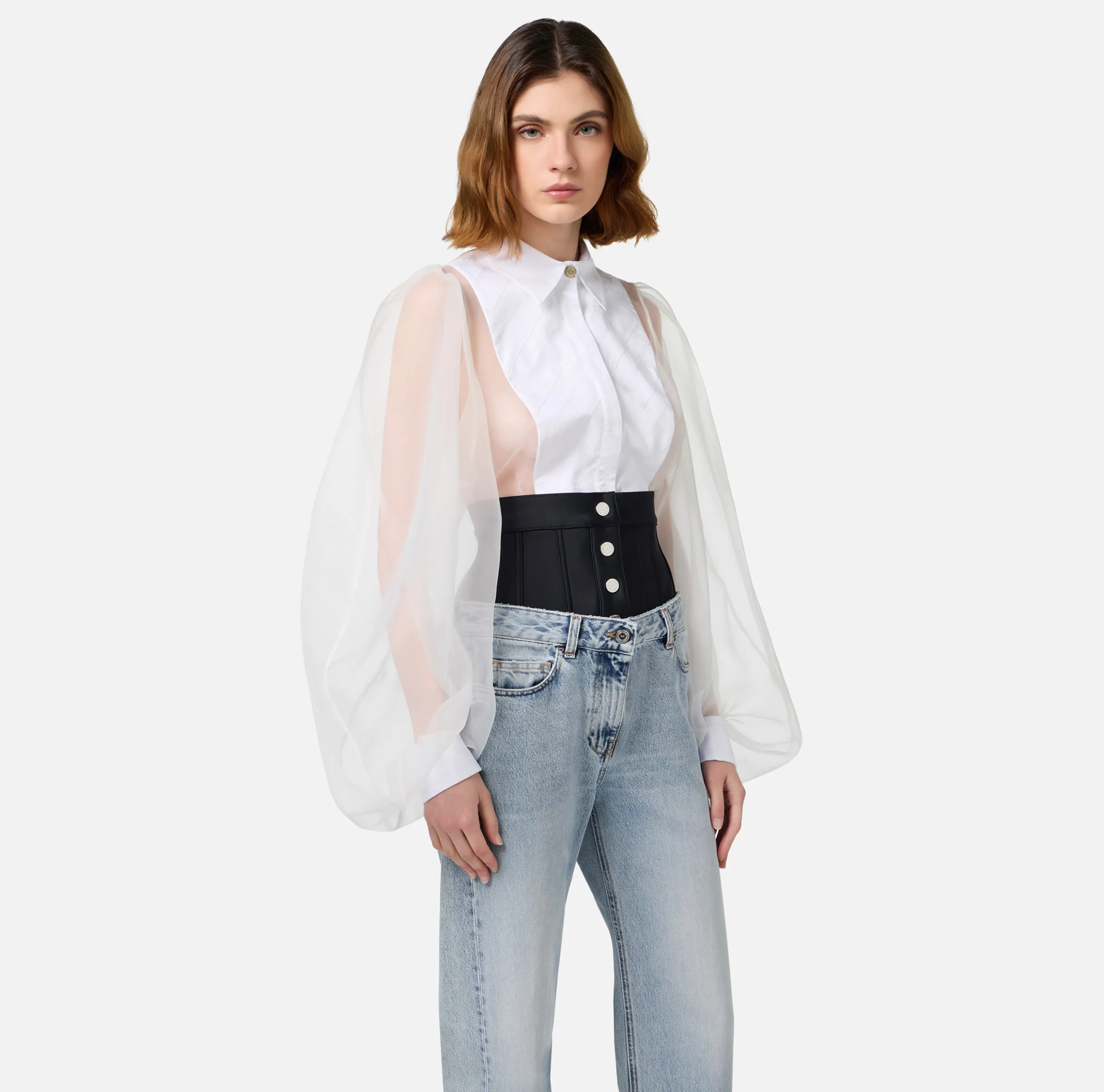 Camicia body in organza con plastron