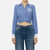 Camicia cropped in popeline rigato con drappeggio
