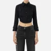 Camicia cropped in popeline con plastron ed elastico logato