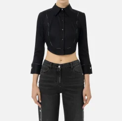 Camicia cropped in popeline con plastron ed elastico logato