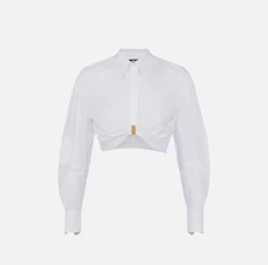 Camicia cropped in popeline con drappeggio e anella