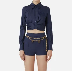 Camicia cropped in popeline stretch con drappeggio