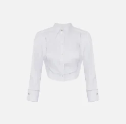 Camicia cropped in popeline con plastron ed elastico logato