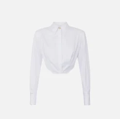 Camicia cropped in popeline a righe con fondo asimmetrico