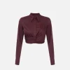 Camicia cropped in popeline stretch con drappeggio