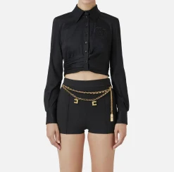 Camicia cropped in popeline stretch con drappeggio
