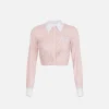 Camicia cropped in popeline rigato con drappeggio