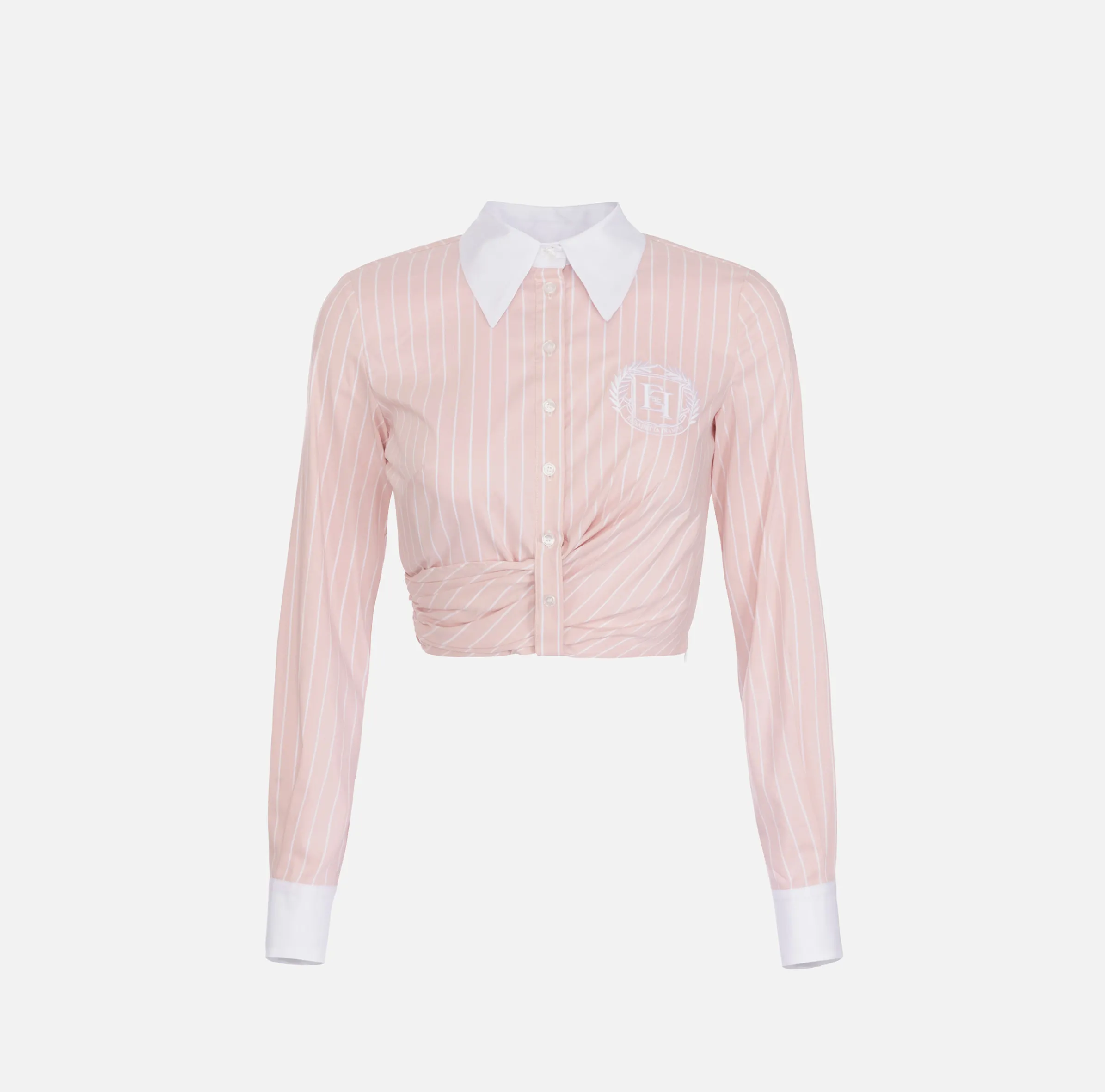 Camicia cropped in popeline rigato con drappeggio