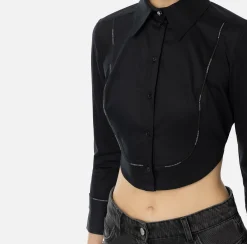 Camicia cropped in popeline con plastron ed elastico logato