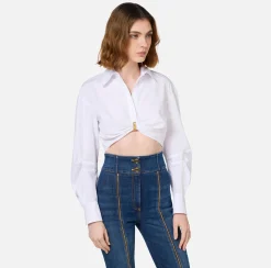 Camicia cropped in popeline con drappeggio e anella