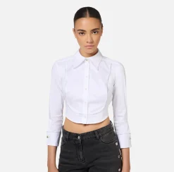 Camicia cropped in popeline con plastron ed elastico logato