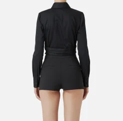 Camicia cropped in popeline stretch con drappeggio