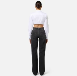 Camicia cropped in popeline a righe con fondo asimmetrico