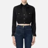 Camicia cropped in raso jacquard con foulard