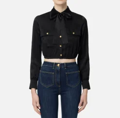 Camicia cropped in raso jacquard con foulard