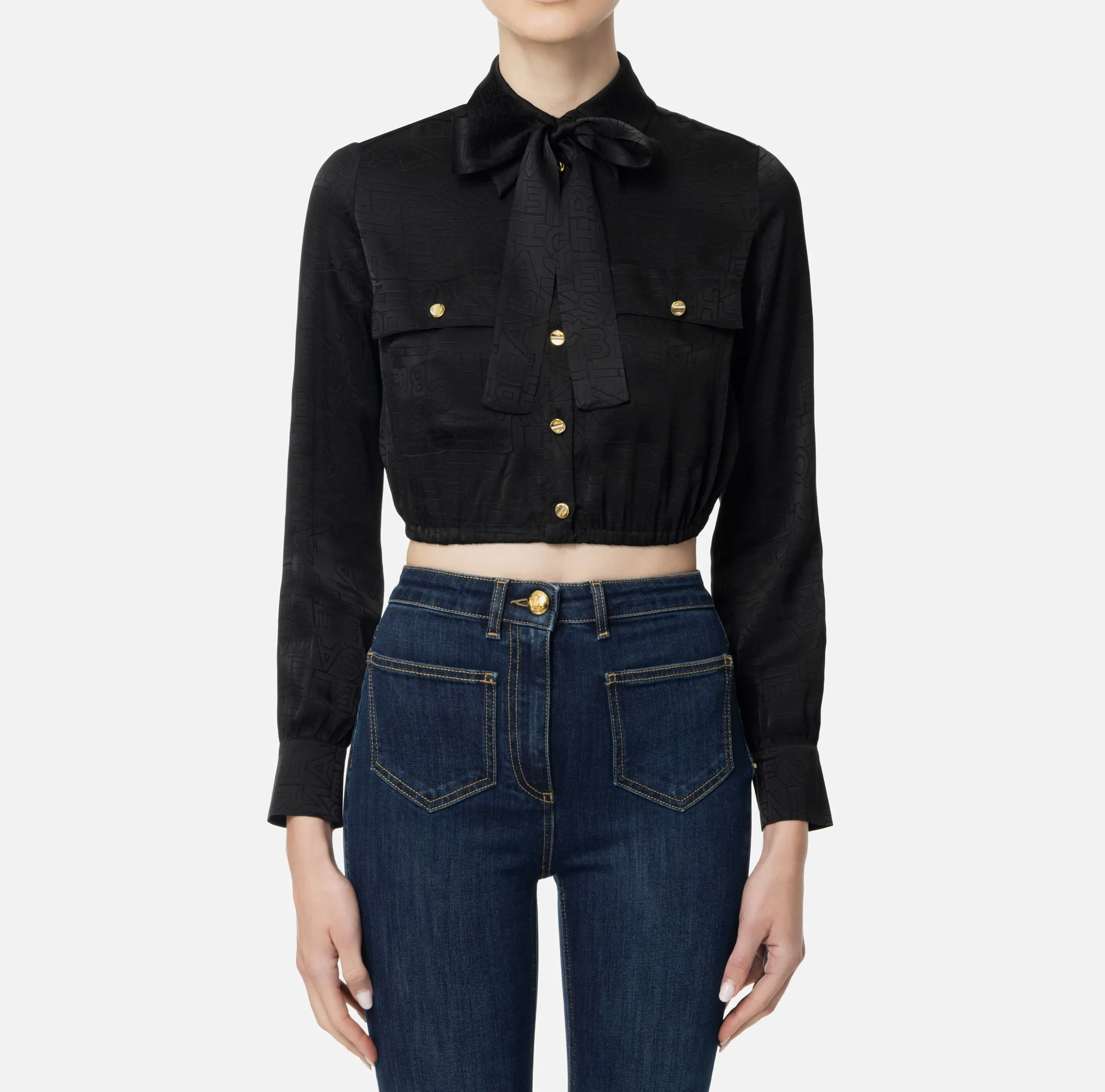 Camicia cropped in raso jacquard con foulard