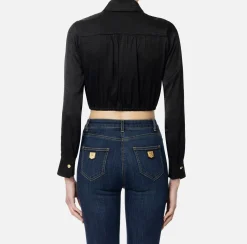 Camicia cropped in raso jacquard con foulard