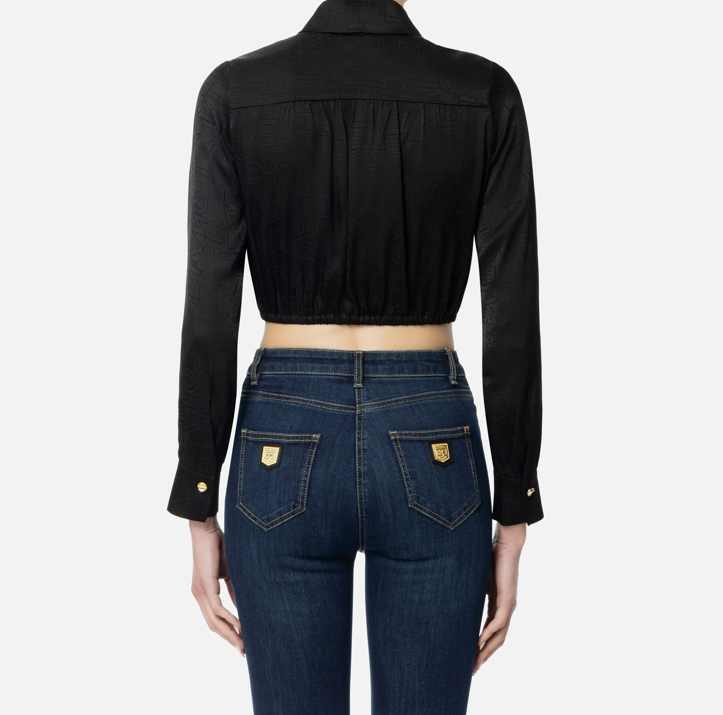Camicia cropped in raso jacquard con foulard