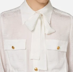 Camicia cropped in raso jacquard con foulard