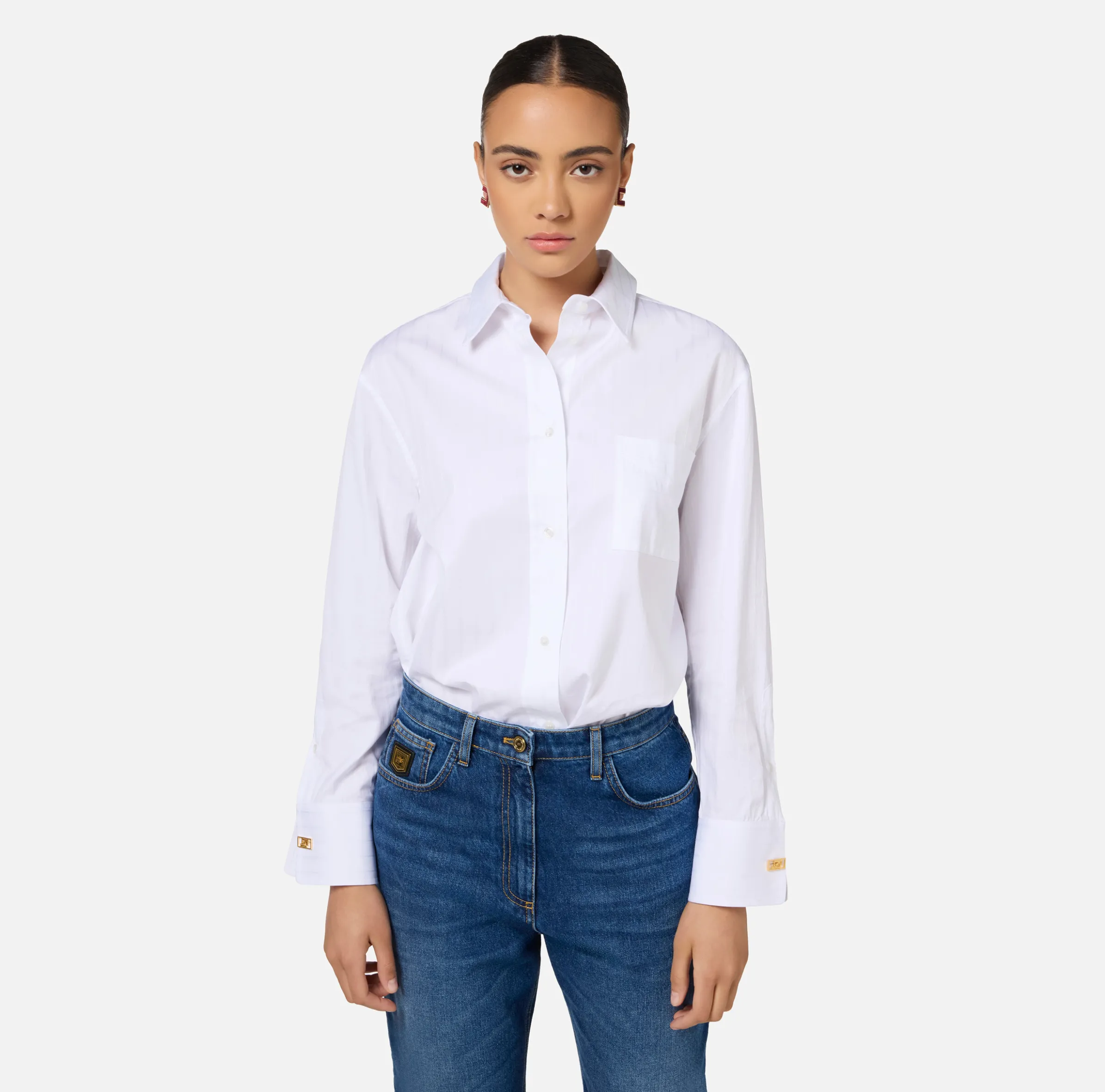 Camicia in popeline jacquard a righe con gemelli