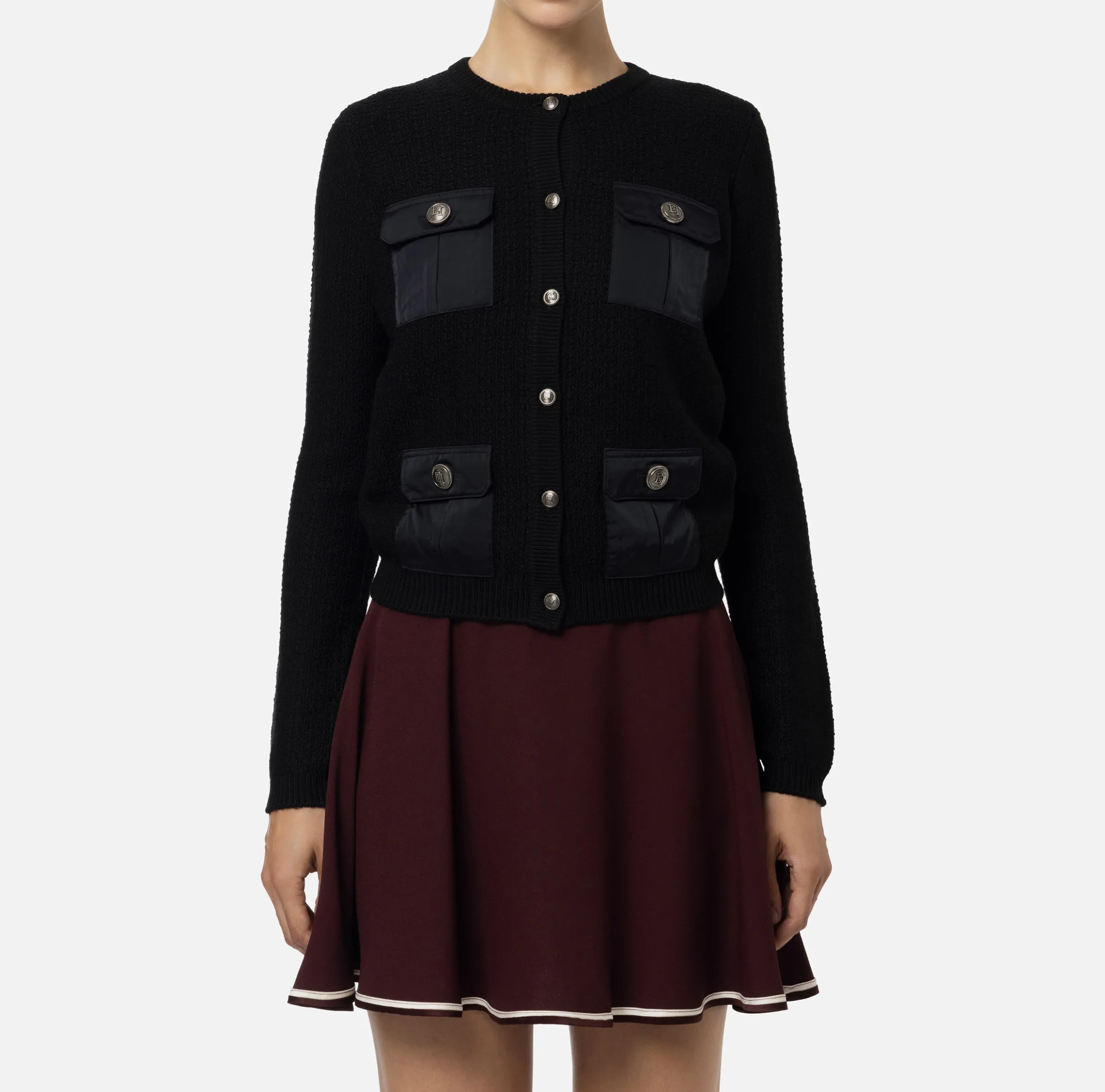 Cardigan in lana bouclé con tasche in vela tecnica