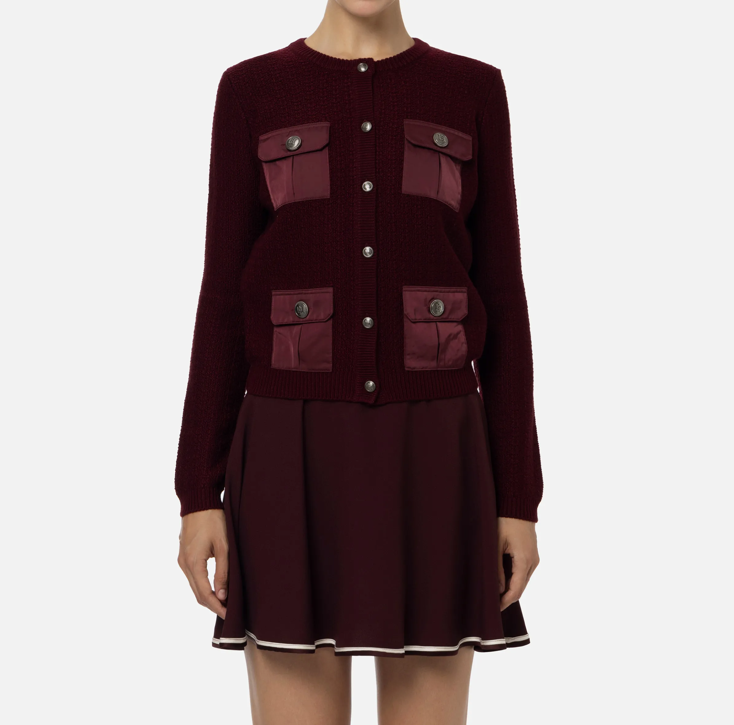 Cardigan in lana bouclé con tasche in vela tecnica