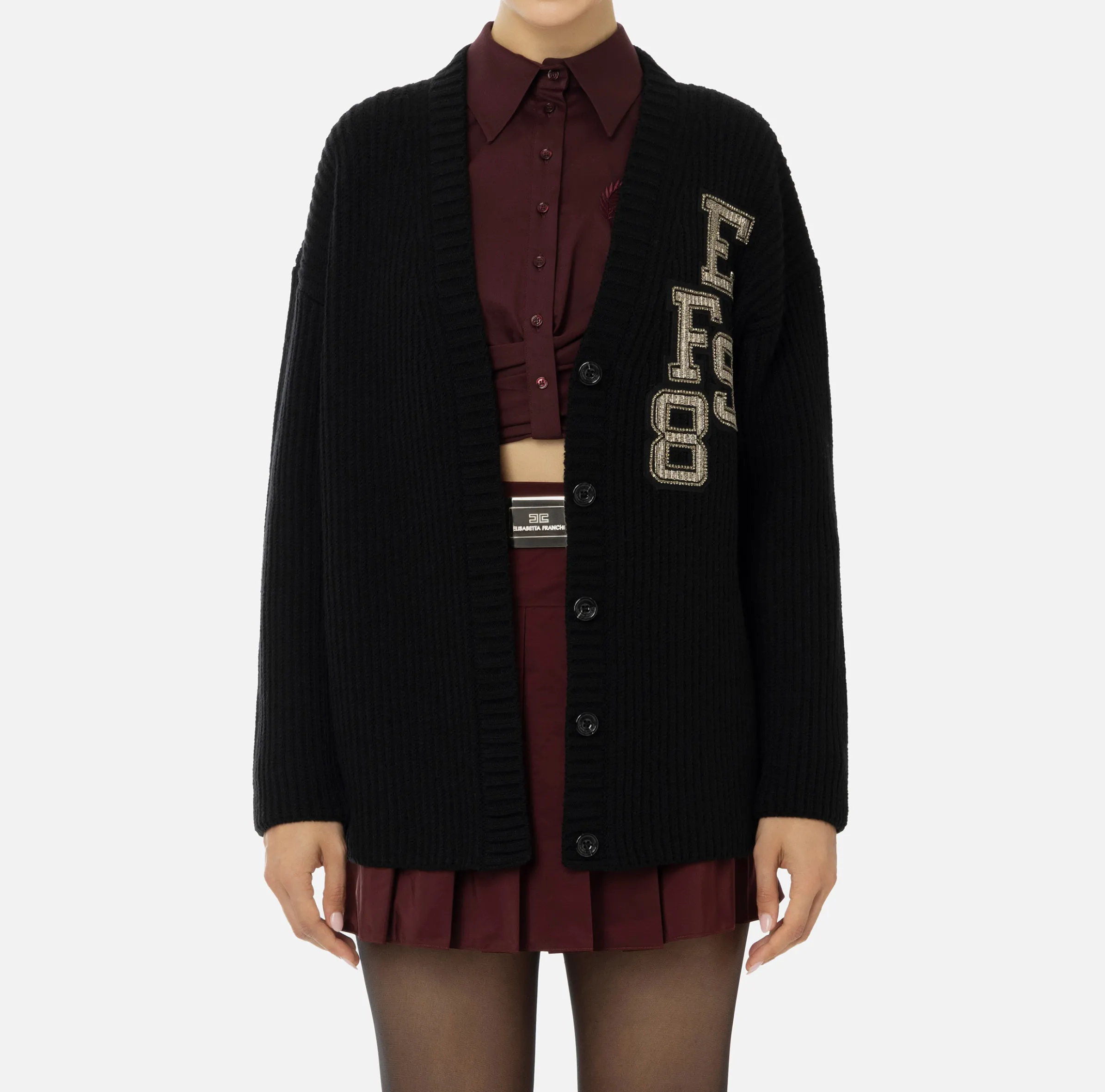Cardigan in lana costa inglese con patch logo