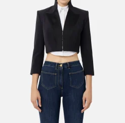 Giacca cropped in crêpe con revers in raso