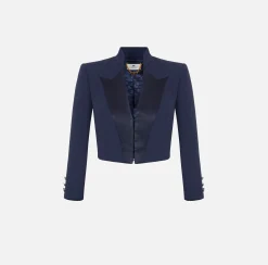 Giacca cropped in crêpe con revers in raso