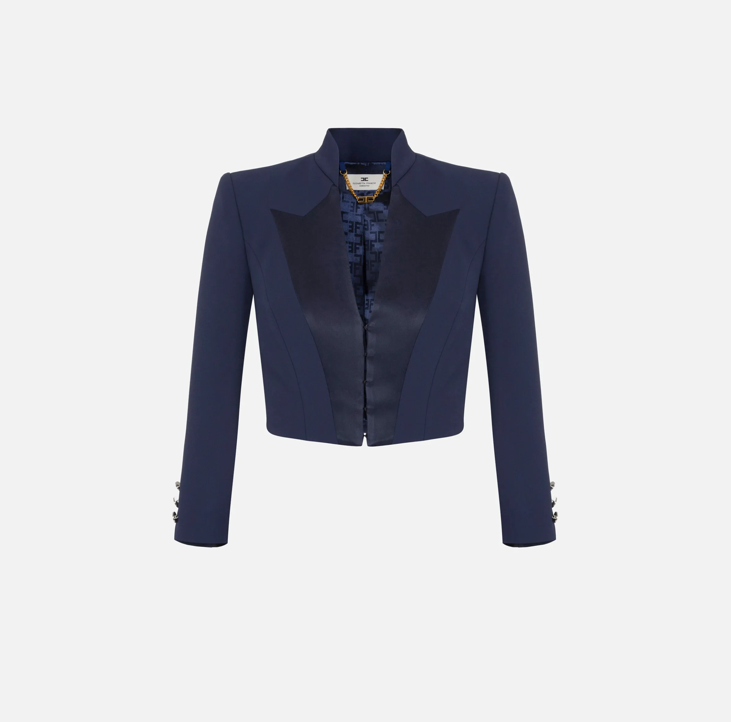 Giacca cropped in crêpe con revers in raso