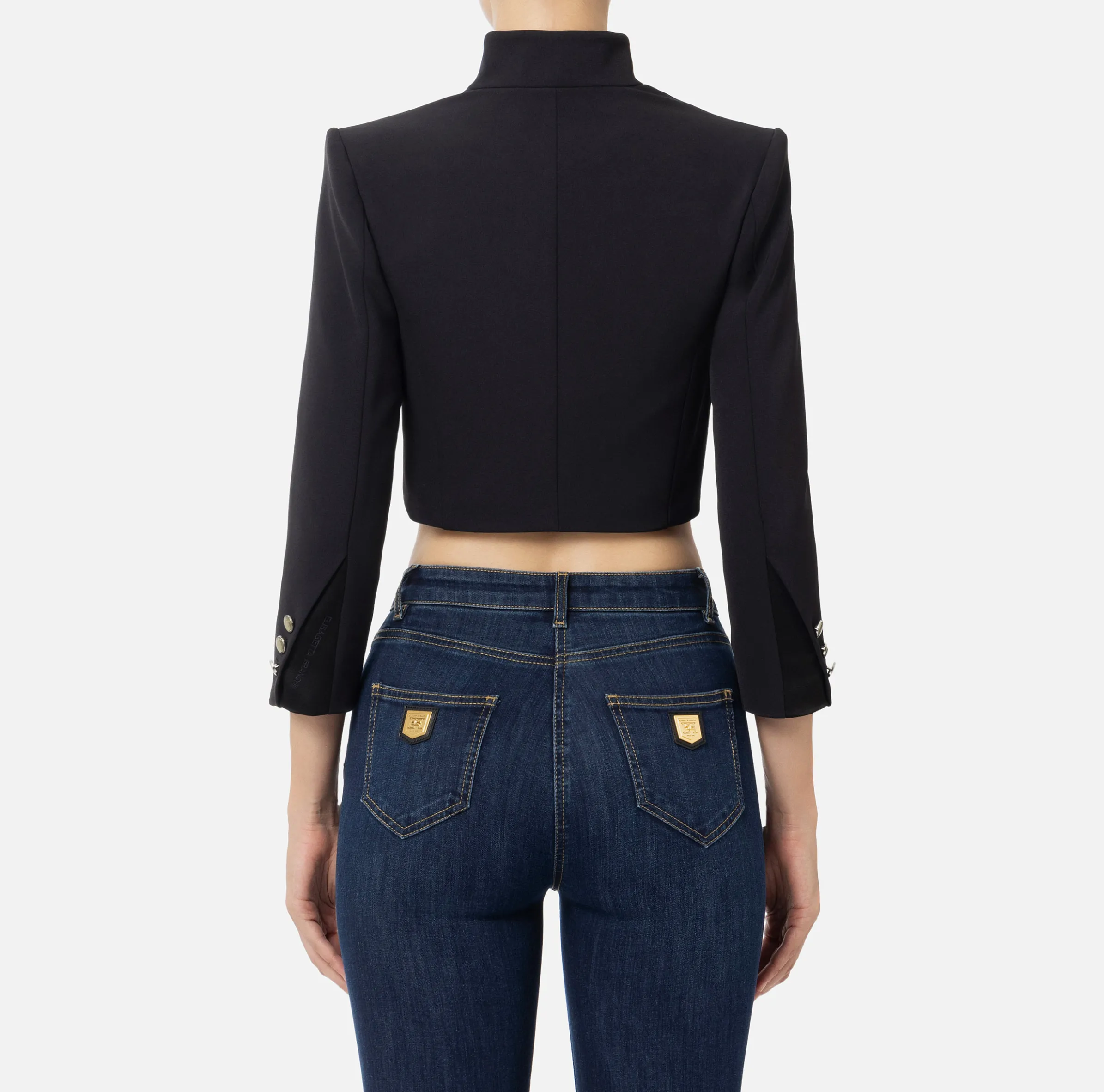 Giacca cropped in crêpe con revers in raso