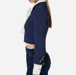 Giacca cropped in crêpe con revers in raso