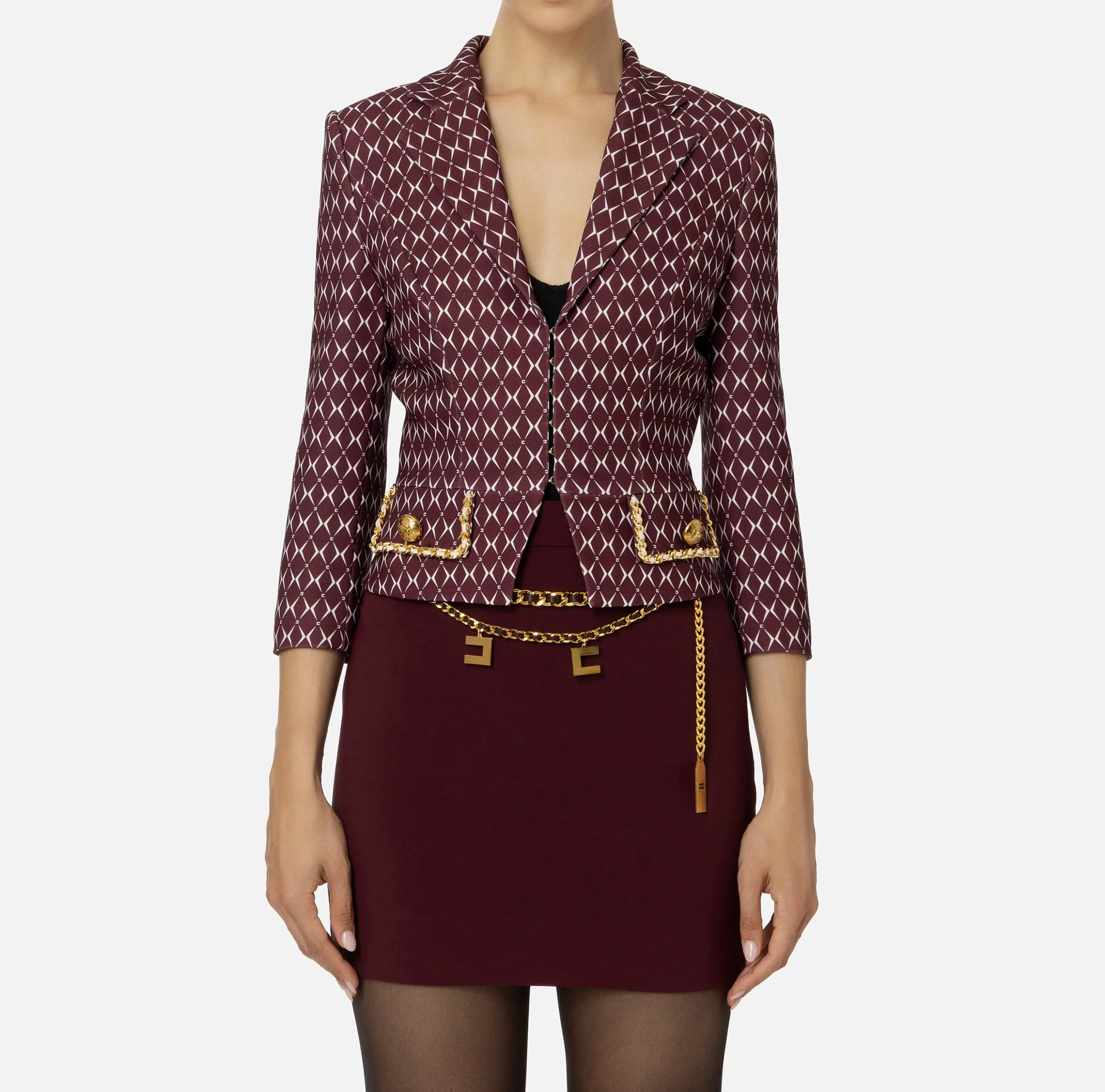 Giacca cropped in crêpe stretch stampa rombo con catena