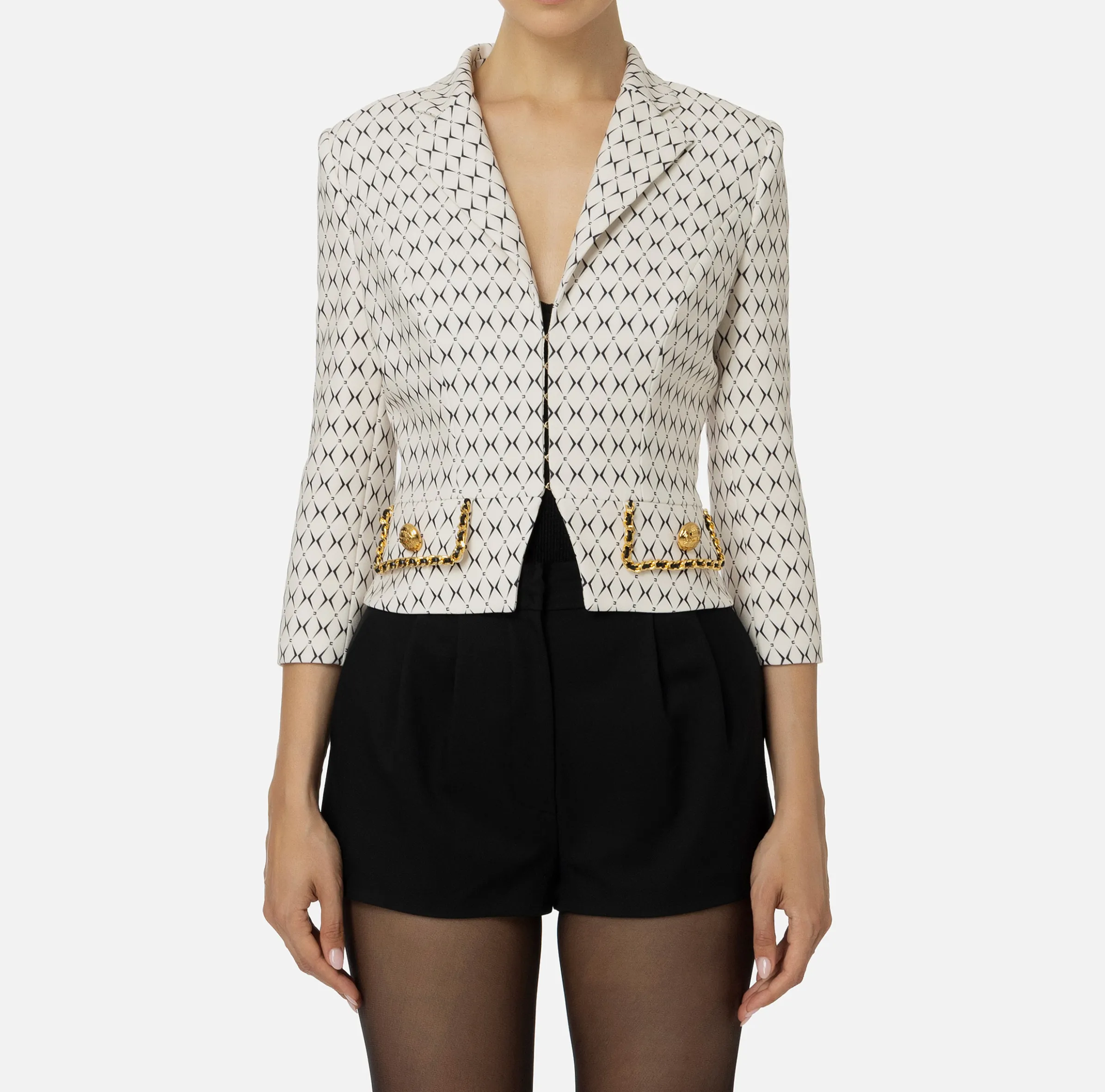 Giacca cropped in crêpe stretch stampa rombo con catena