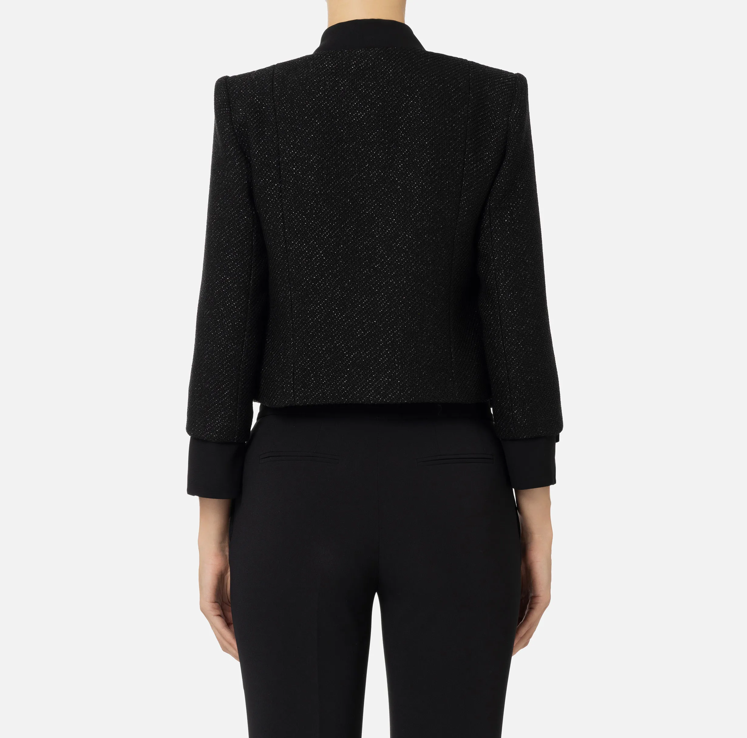 Giacca cropped in tweed laminato con tasche
