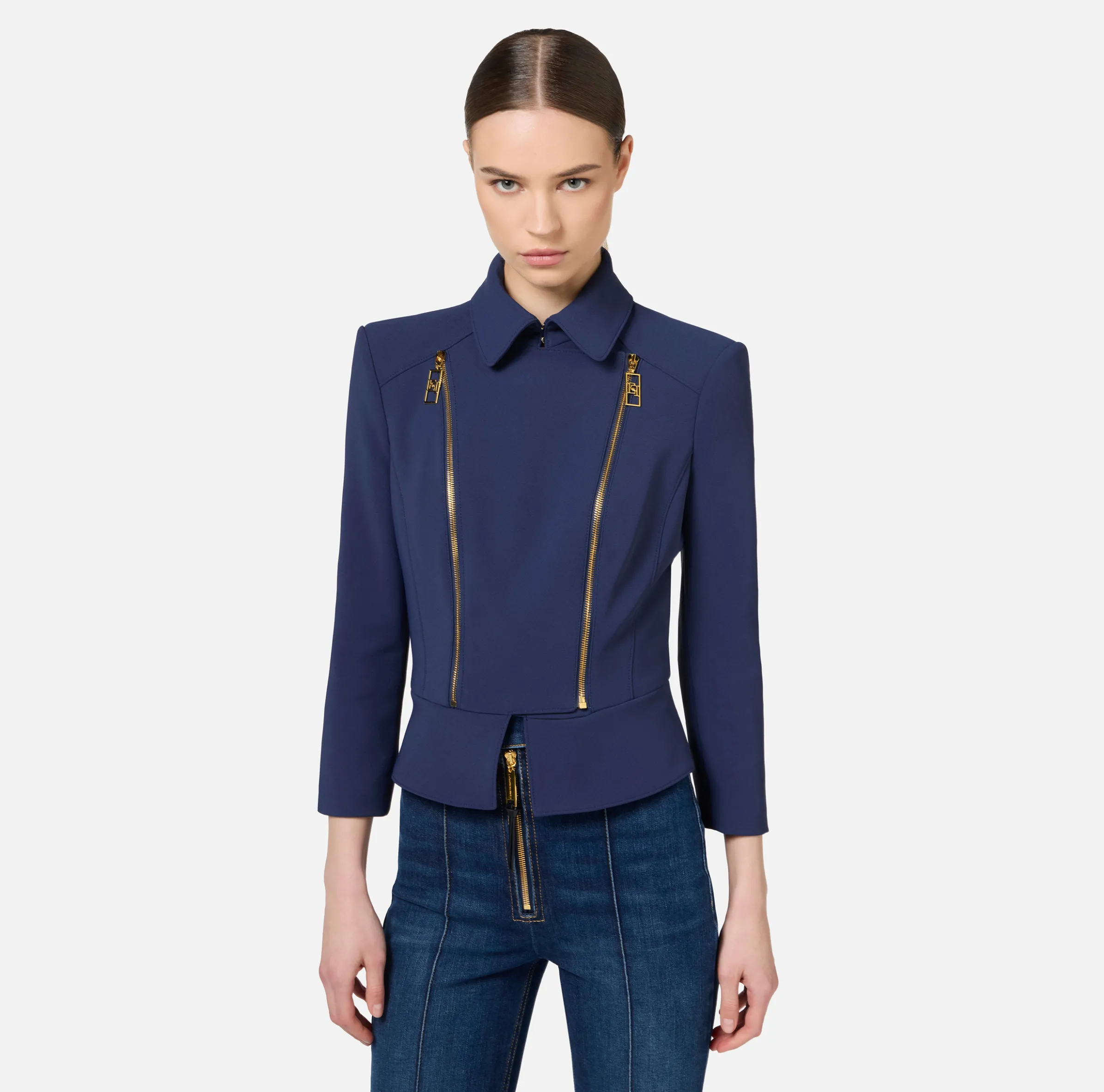 Giacca in crêpe stretch con baschina e zip