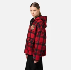Giubbotto in lana tartan imbottito con cappuccio e patch ricamato