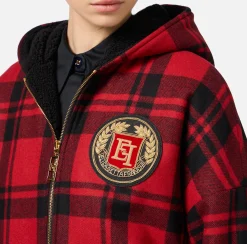 Giubbotto in lana tartan imbottito con cappuccio e patch ricamato