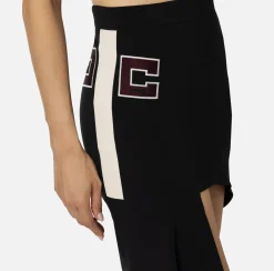 Gonna asimmetrica in crêpe stretch con bande e ricamo logo