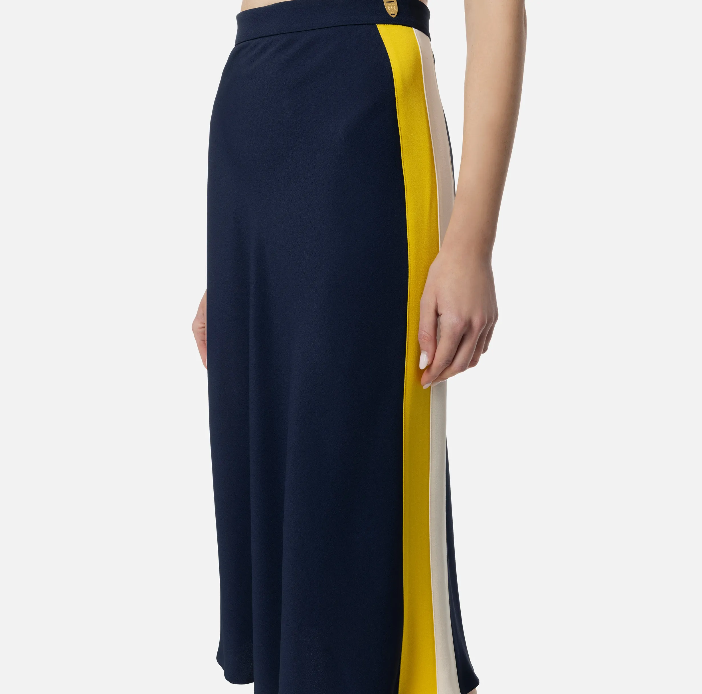 Gonna midi in crêpe satin con bande